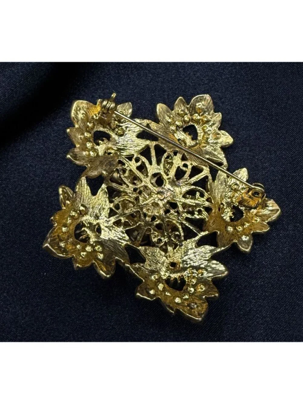 Vintage 1990s Gold Tone Floral Brooch With Amber & Clear Rhinestones